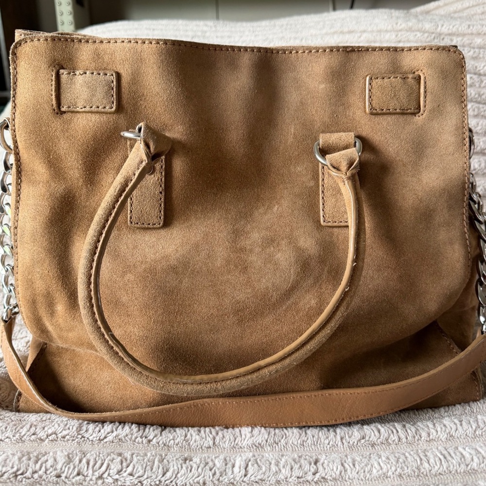 Michael Kors Hamilton Tan Suede Satchel Bag Silver Hardware Lock & Key Large - Picture 8 of 14